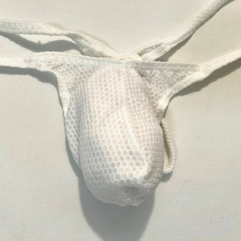 Men's  Waffled See-Through '"-Back" Thong - White - Pouch - Picture 2 of 12